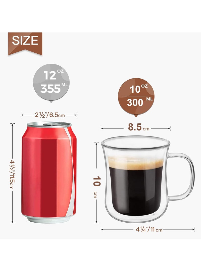TYCOM Double Walled Glass Coffee Mugs 300ml, 4 Packs Thermal Insulated Borosilicate Glass Cups with Handle for Tea, Coffee, Latte, Cappuccino, Hot and Cold Drinks Beverages  - Image 2