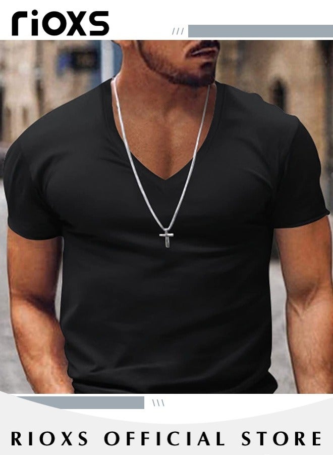 RIOXS Men's V-Neck Short Sleeve T-Shirt, Slim Fit Basic Summer Tees, Stretch Fitness Workout Tops, Casual Beach Shirts, Breathable Quick Dry Gym Athletic T Shirt for Men, Fashion Tee Top for Daily Wear, Work, Leisure, Sports, Streetwear and Going Out, etc. Black - Image 5