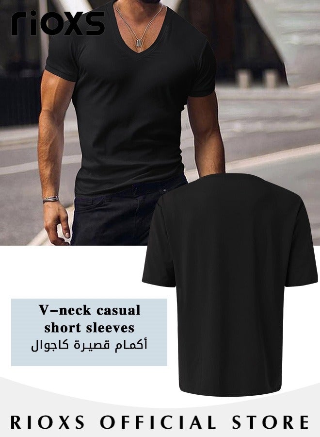 RIOXS Men's V-Neck Short Sleeve T-Shirt, Slim Fit Basic Summer Tees, Stretch Fitness Workout Tops, Casual Beach Shirts, Breathable Quick Dry Gym Athletic T Shirt for Men, Fashion Tee Top for Daily Wear, Work, Leisure, Sports, Streetwear and Going Out, etc. Black - Image 3