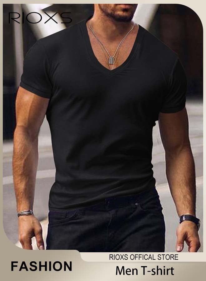 RIOXS Men's V-Neck Short Sleeve T-Shirt, Slim Fit Basic Summer Tees, Stretch Fitness Workout Tops, Casual Beach Shirts, Breathable Quick Dry Gym Athletic T Shirt for Men, Fashion Tee Top for Daily Wear, Work, Leisure, Sports, Streetwear and Going Out, etc. Black - Image 2
