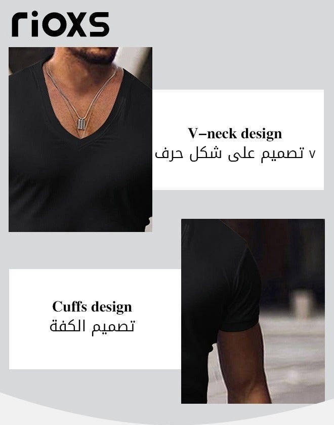 RIOXS Men's V-Neck Short Sleeve T-Shirt, Slim Fit Basic Summer Tees, Stretch Fitness Workout Tops, Casual Beach Shirts, Breathable Quick Dry Gym Athletic T Shirt for Men, Fashion Tee Top for Daily Wear, Work, Leisure, Sports, Streetwear and Going Out, etc. Black - Image 4