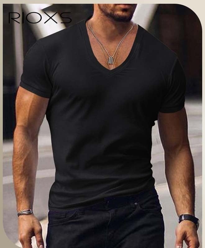RIOXS Men's V-Neck Short Sleeve T-Shirt, Slim Fit Basic Summer Tees, Stretch Fitness Workout Tops, Casual Beach Shirts, Breathable Quick Dry Gym Athletic T Shirt for Men, Fashion Tee Top for Daily Wear, Work, Leisure, Sports, Streetwear and Going Out, etc. Black - Image 2