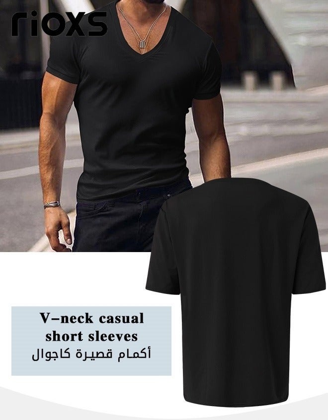 RIOXS Men's V-Neck Short Sleeve T-Shirt, Slim Fit Basic Summer Tees, Stretch Fitness Workout Tops, Casual Beach Shirts, Breathable Quick Dry Gym Athletic T Shirt for Men, Fashion Tee Top for Daily Wear, Work, Leisure, Sports, Streetwear and Going Out, etc. Black - Image 3