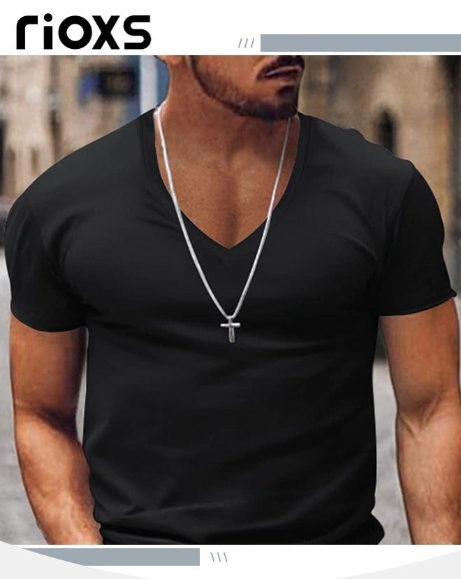 RIOXS Men's V-Neck Short Sleeve T-Shirt, Slim Fit Basic Summer Tees, Stretch Fitness Workout Tops, Casual Beach Shirts, Breathable Quick Dry Gym Athletic T Shirt for Men, Fashion Tee Top for Daily Wear, Work, Leisure, Sports, Streetwear and Going Out, etc. Black - Image 5