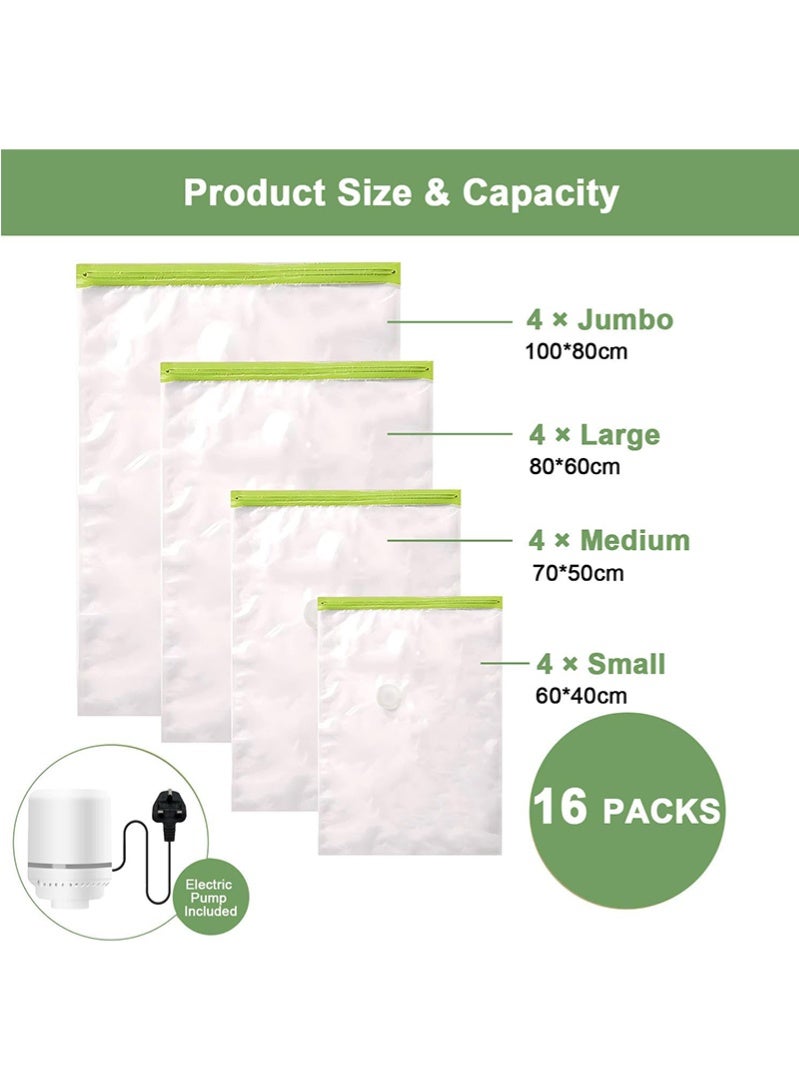 Topyich Vacuum Storage Bags with Electric Pump Pack of 16 Space Saver Compression Seal Bag (4 Jumbo + 4 Large + 4 Medium + 4 Small) for Travel Clothes Comforter Mattress Duvet Pillow Blanket Curtain - Image 2