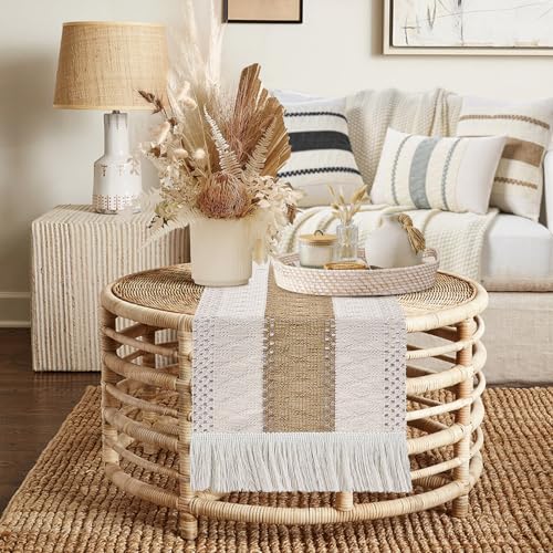 tiosggd Boho Table Runner Short 48 inches Long, Spring Coffee Table Cover, Brown Woven Macrame Dresser Runner Cover Top for Bedroom, Side Table, Breakfast Table, Rustic Farmhouse Dresser Decor - Image 5