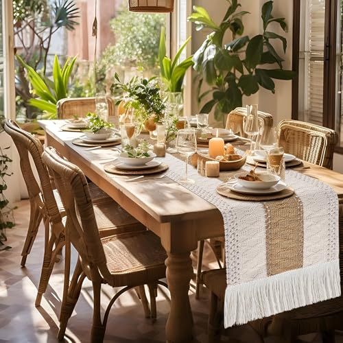 tiosggd Boho Table Runner Short 48 inches Long, Spring Coffee Table Cover, Brown Woven Macrame Dresser Runner Cover Top for Bedroom, Side Table, Breakfast Table, Rustic Farmhouse Dresser Decor - Image 4