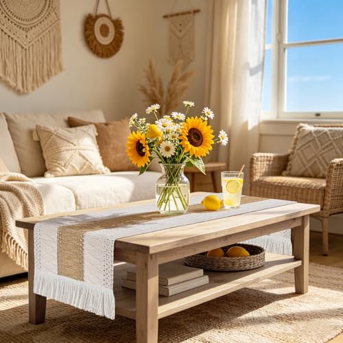 tiosggd Boho Table Runner Short 48 inches Long, Spring Coffee Table Cover, Brown Woven Macrame Dresser Runner Cover Top for Bedroom, Side Table, Breakfast Table, Rustic Farmhouse Dresser Decor - Image 1