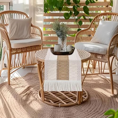tiosggd Boho Table Runner Short 48 inches Long, Spring Coffee Table Cover, Brown Woven Macrame Dresser Runner Cover Top for Bedroom, Side Table, Breakfast Table, Rustic Farmhouse Dresser Decor - Image 2