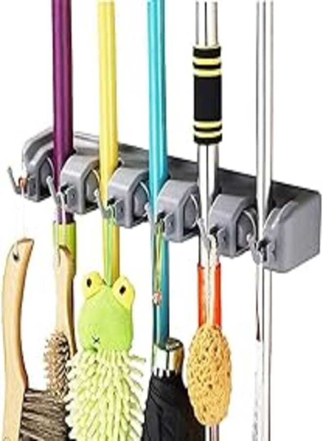 Amerteer mop and broom holder wall mount heavy duty broom holder wall mounted broom organizer home garden garage storage rack 5 position - assorted color
