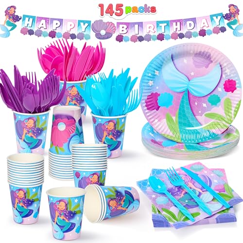JOYIN 145 Pcs Mermaid Birthday Party Supplies with Banner 24 Serves Tableware Set with Plates Cups Napkins and Cutlery Sets for Mermaid Themes Party Kids 6 7 8 Years