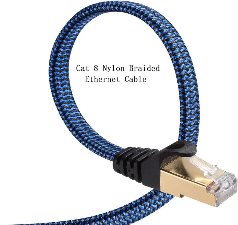 كابل إيثرنت Cat 8 من ، بطول 10 أقدام، مضفر من النايلون، كابل شبكة مسطح عالي السرعة، كابل LAN Cat 8 (أزرق 10 أقدام) - Image 1