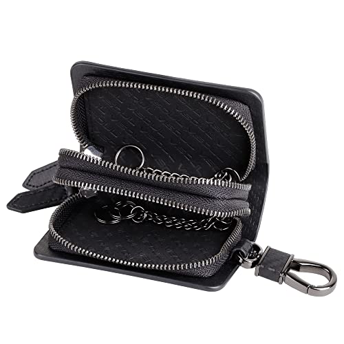 VISOUL Car Key Case Holder Double Zipper, Leather Car Smart Key Fob Case with Keychain for Men and Women-Carbon Black - Image 4