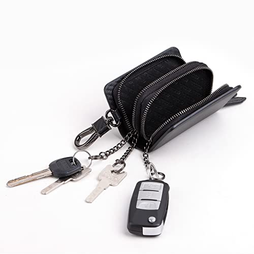 VISOUL Car Key Case Holder Double Zipper, Leather Car Smart Key Fob Case with Keychain for Men and Women-Carbon Black - Image 3