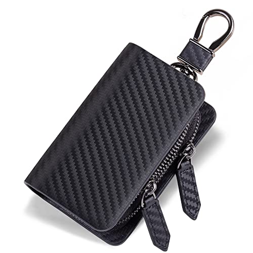 VISOUL Car Key Case Holder Double Zipper, Leather Car Smart Key Fob Case with Keychain for Men and Women-Carbon Black - Image 1