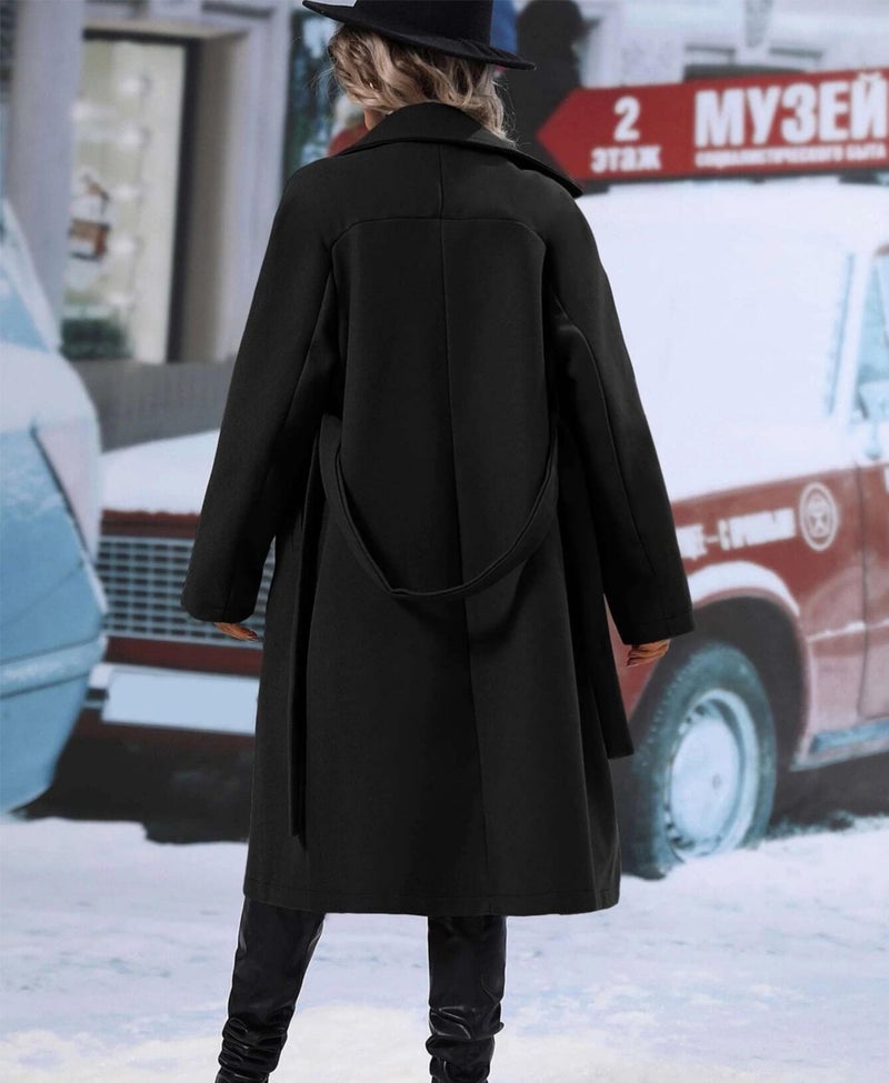 OPCAKM Women's Winter Wool Blend Pea Coat Double Breasted Notch Lapel Long Trench Coat(Black-XL) - Image 5