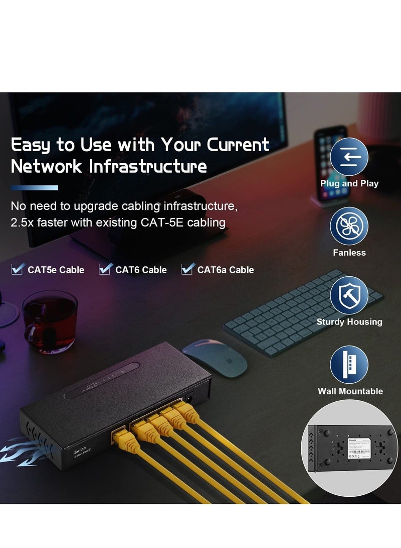 كابتن تيك 5-Port Gigabit Switch, 1 x 2.5 Gigabit and 4 x 1 Gigabit Ethernet RJ-45 Ports, Metal Fanless, Desktop and Wall Mount, Unmanaged Plug & Play Network Switch for Home, Office - Image 4