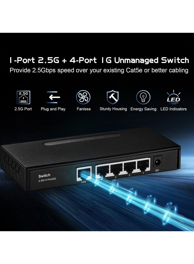كابتن تيك 5-Port Gigabit Switch, 1 x 2.5 Gigabit and 4 x 1 Gigabit Ethernet RJ-45 Ports, Metal Fanless, Desktop and Wall Mount, Unmanaged Plug & Play Network Switch for Home, Office - Image 2