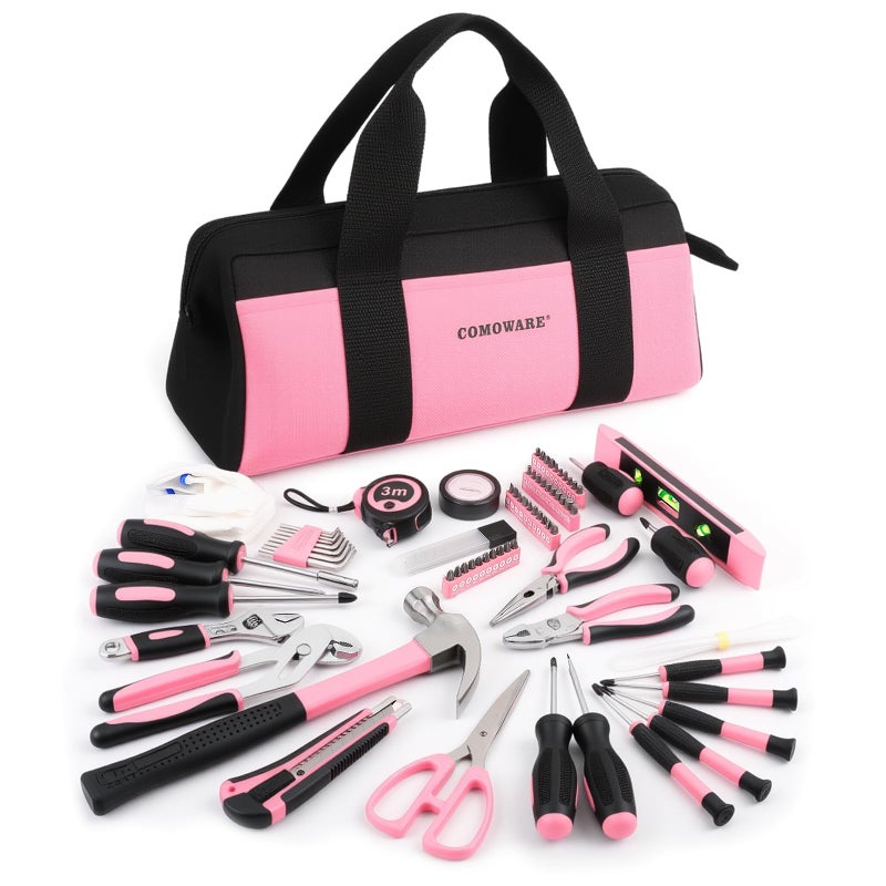 COMOWARE 218 Pcs Pink Home Tool Kit, Basic Household Hand Tool Set with Bag, Ladies Hand Tool Kit Women Home Repairing Tool Kit for Home Maintenance Daily Use Homework DIY - Image 1