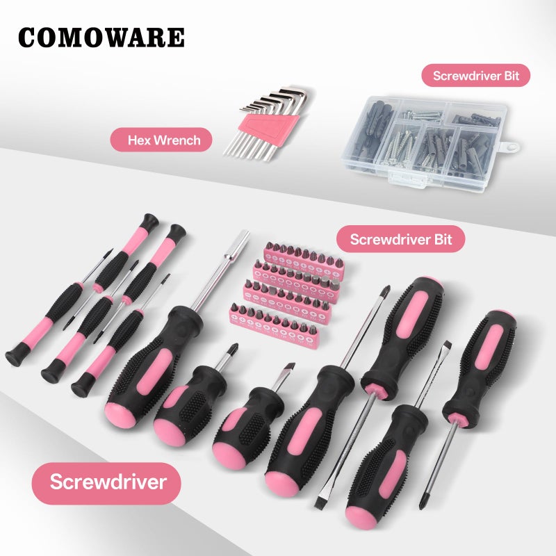 COMOWARE 218 Pcs Pink Home Tool Kit, Basic Household Hand Tool Set with Bag, Ladies Hand Tool Kit Women Home Repairing Tool Kit for Home Maintenance Daily Use Homework DIY - Image 5