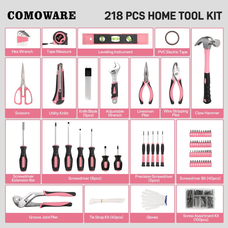COMOWARE 218 Pcs Pink Home Tool Kit, Basic Household Hand Tool Set with Bag, Ladies Hand Tool Kit Women Home Repairing Tool Kit for Home Maintenance Daily Use Homework DIY - Image 2