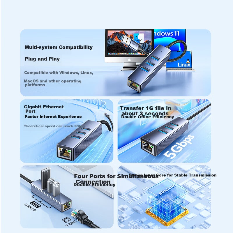 SAMZHE USB3.0 إلى جيجابت إيثرنت توسيع حوض الفاصل, HUB الفاصل, محول كابل شبكة الكمبيوتر المحمول RJ45, سطح المكتب توسيع حوض إيثرنت محول RHX13 - Image 1