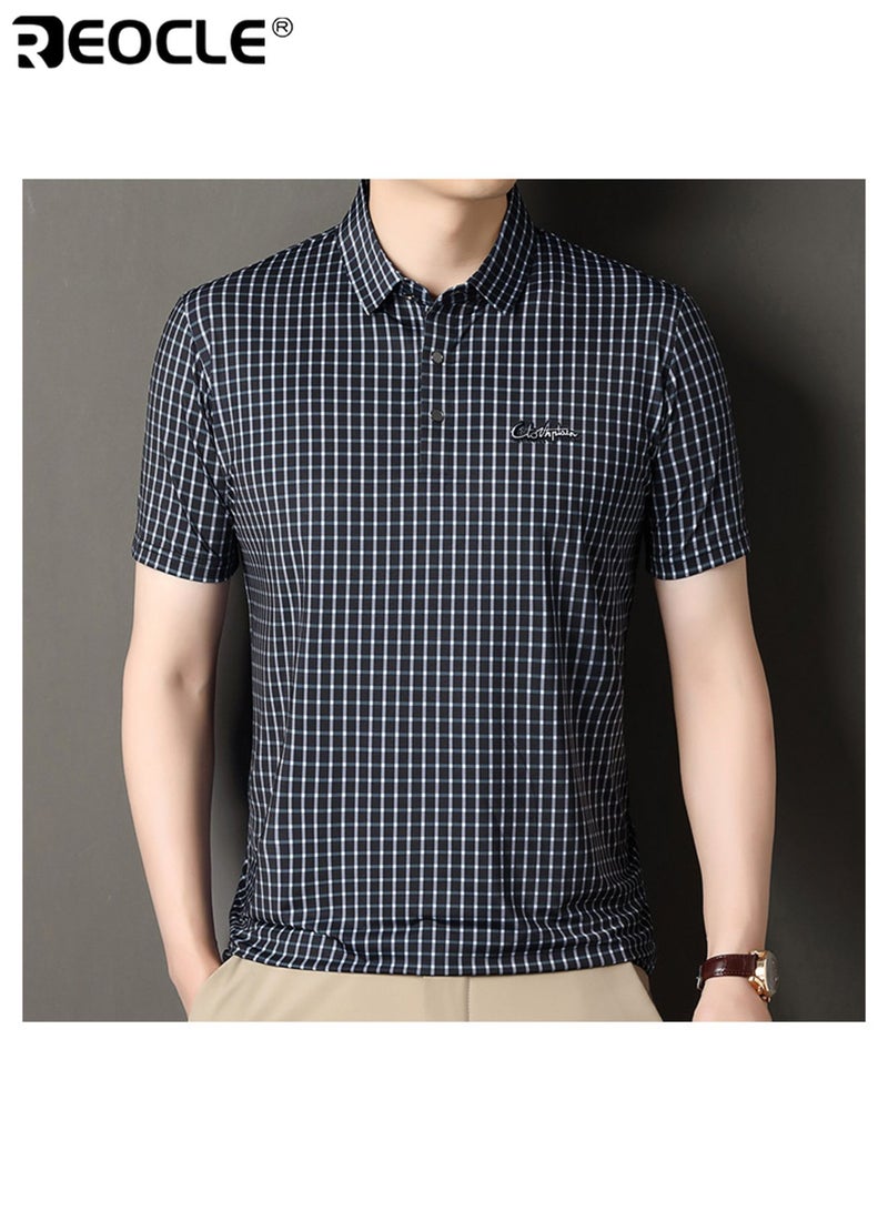 REOCLE Men's Short Sleeve Shirt Casual Top with Grids Detail Slim Fit Lightweight T-shirt - Image 2