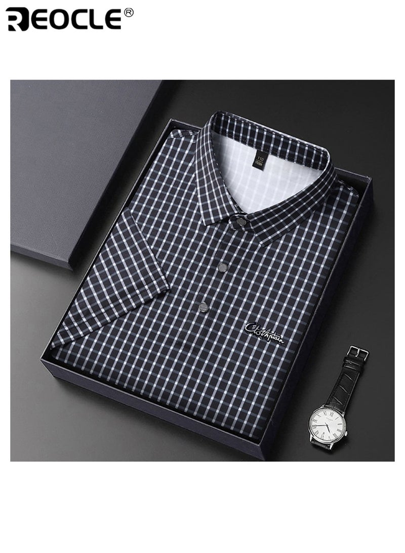 REOCLE Men's Short Sleeve Shirt Casual Top with Grids Detail Slim Fit Lightweight T-shirt - Image 5