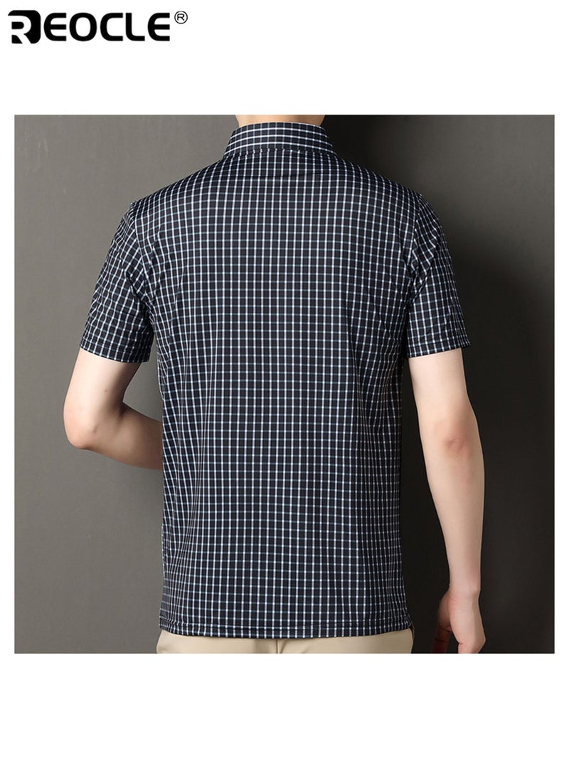REOCLE Men's Short Sleeve Shirt Casual Top with Grids Detail Slim Fit Lightweight T-shirt - Image 4