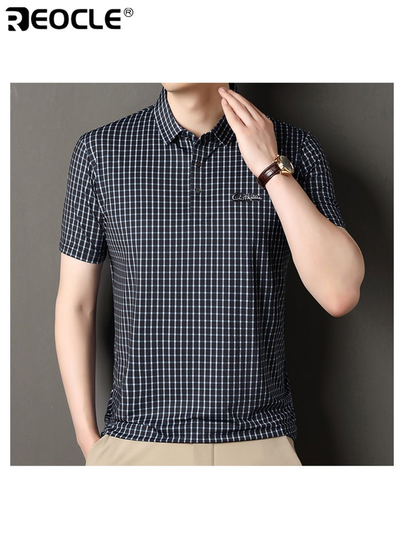 REOCLE Men's Short Sleeve Shirt Casual Top with Grids Detail Slim Fit Lightweight T-shirt - Image 3