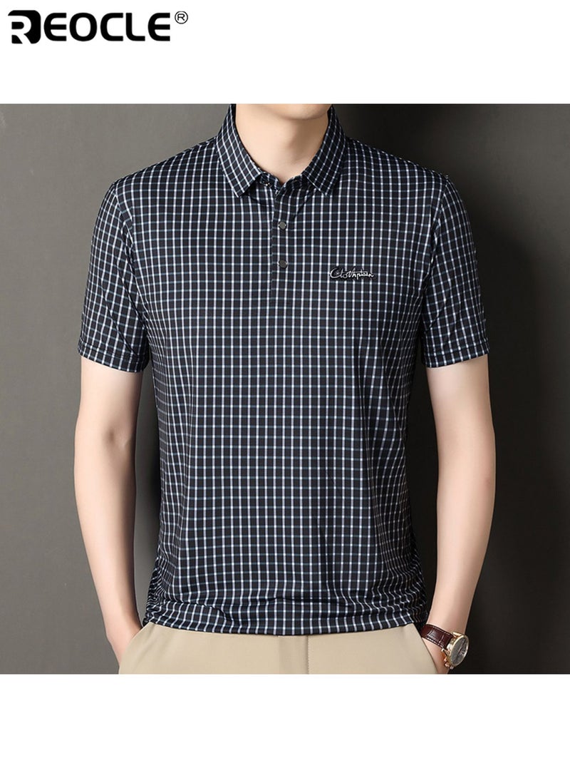 REOCLE Men's Short Sleeve Shirt Casual Top with Grids Detail Slim Fit Lightweight T-shirt - Image 1
