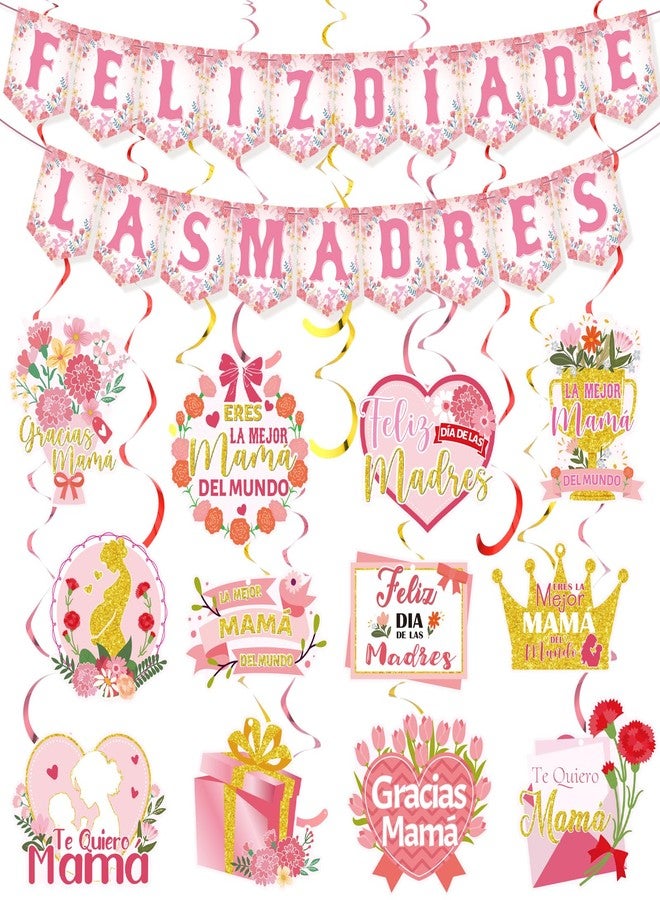 FuWeave مجموعة ديكورات حفلات عيد الأم المكسيكية من FuWeave، 38 قطعة، تتضمن لافتة Feliz Dia De Las Madres، لافتات معلقة، ديكورات معلقة مع رقائق لامعة، دوامات سقف، تيارات - Image 1