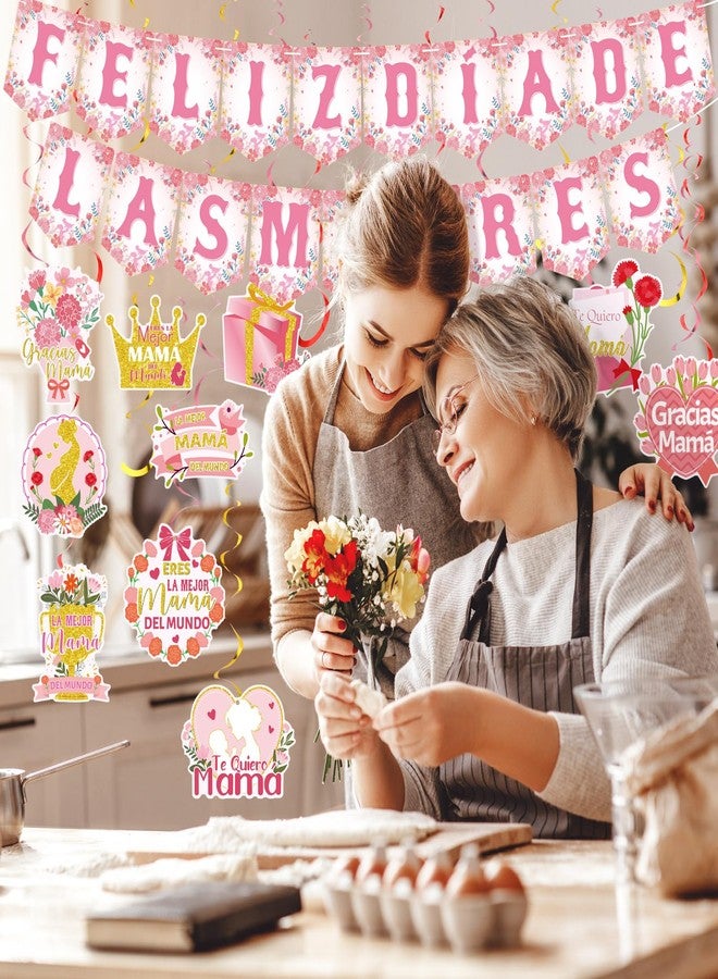 FuWeave مجموعة ديكورات حفلات عيد الأم المكسيكية من FuWeave، 38 قطعة، تتضمن لافتة Feliz Dia De Las Madres، لافتات معلقة، ديكورات معلقة مع رقائق لامعة، دوامات سقف، تيارات - Image 5