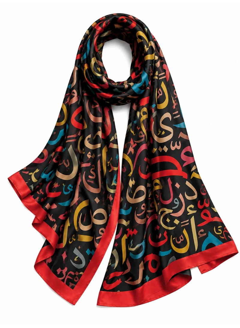 Amnad International  Khatt Noir Silk Abaya, Black Multicolour Arabic Calligraphy Print, Open Front, with Matching Chiffon Hijab, Sizes 52-60 inches for Women | Best Price UAE