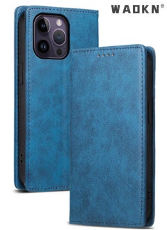 iPhone 15 Pro Max Flip Phone Case with Card Holder Wallet Case Unisex Slim Anti-drop Wear-Resistant PU Protective Case Foldable Back Cover Stand (Blue)