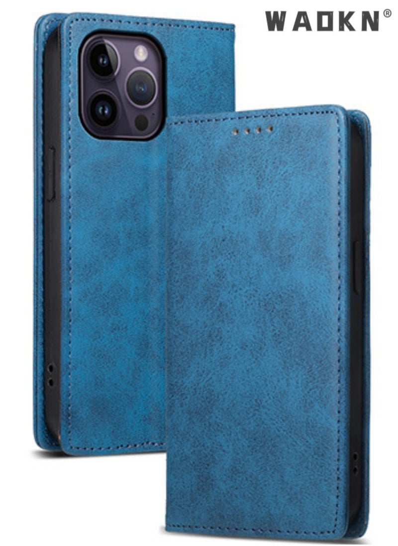 WAOKN - iPhone 15 Pro Max Flip Phone Case with Card Holder Wallet Case Unisex Slim Anti-drop Wear-Resistant PU Protective Case Foldable Back Cover Stand (Blue) - Image 1