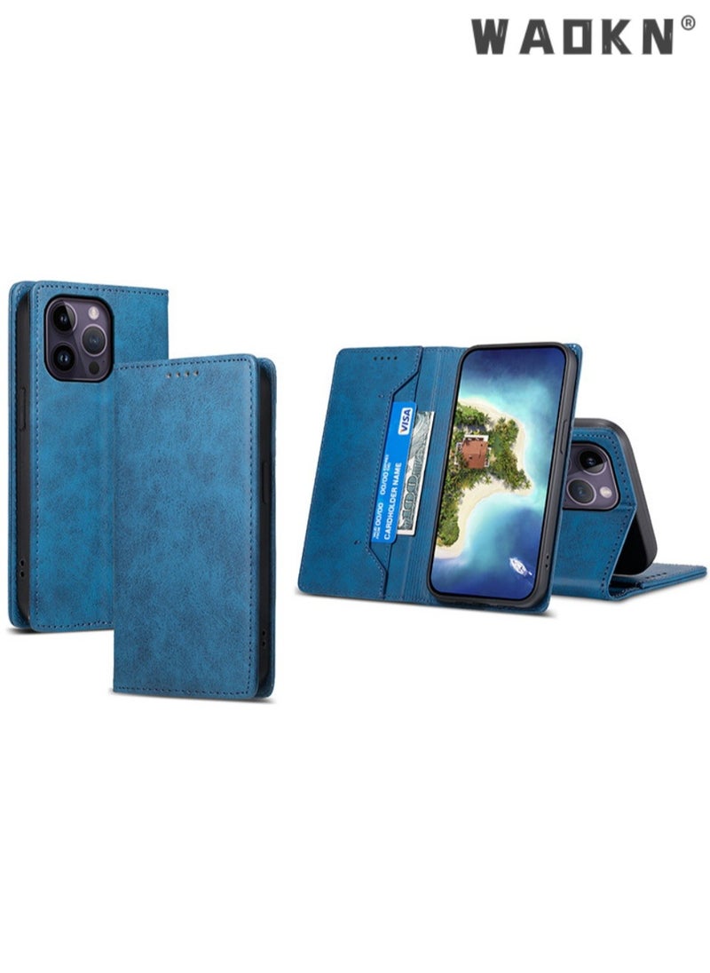 WAOKN - iPhone 15 Pro Max Flip Phone Case with Card Holder Wallet Case Unisex Slim Anti-drop Wear-Resistant PU Protective Case Foldable Back Cover Stand (Blue) - Image 1