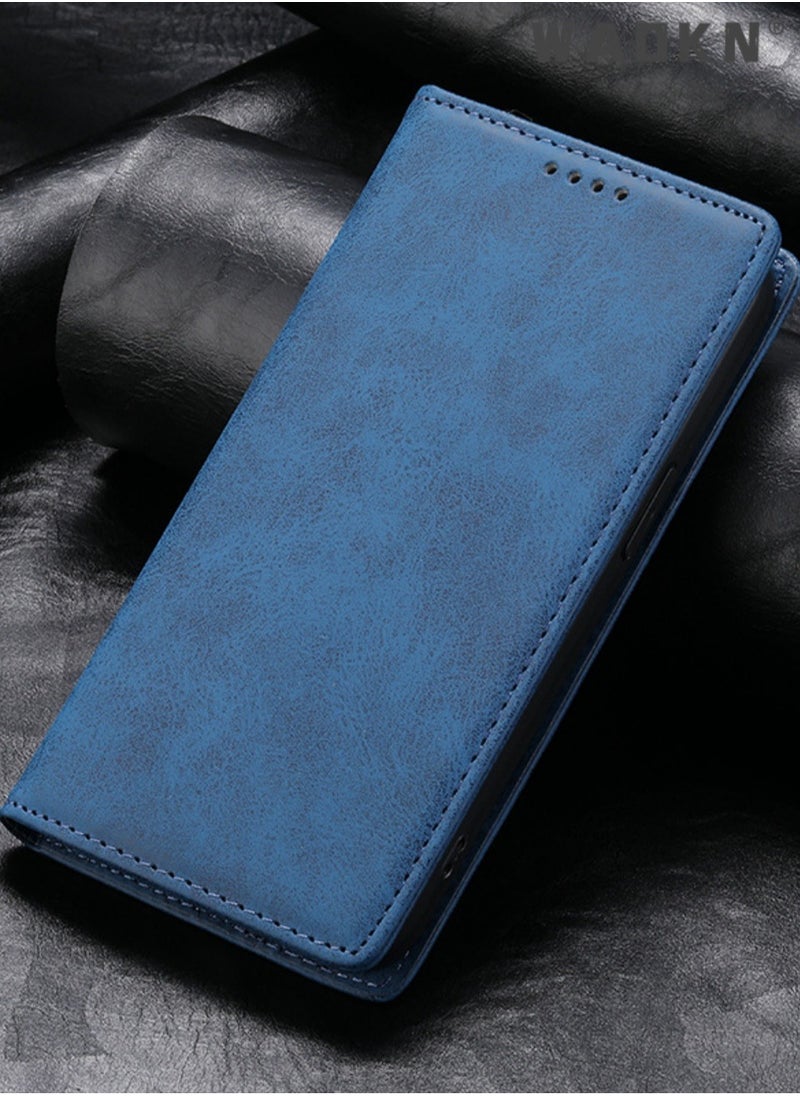 WAOKN - iPhone 15 Pro Max Flip Phone Case with Card Holder Wallet Case Unisex Slim Anti-drop Wear-Resistant PU Protective Case Foldable Back Cover Stand (Blue) - Image 1