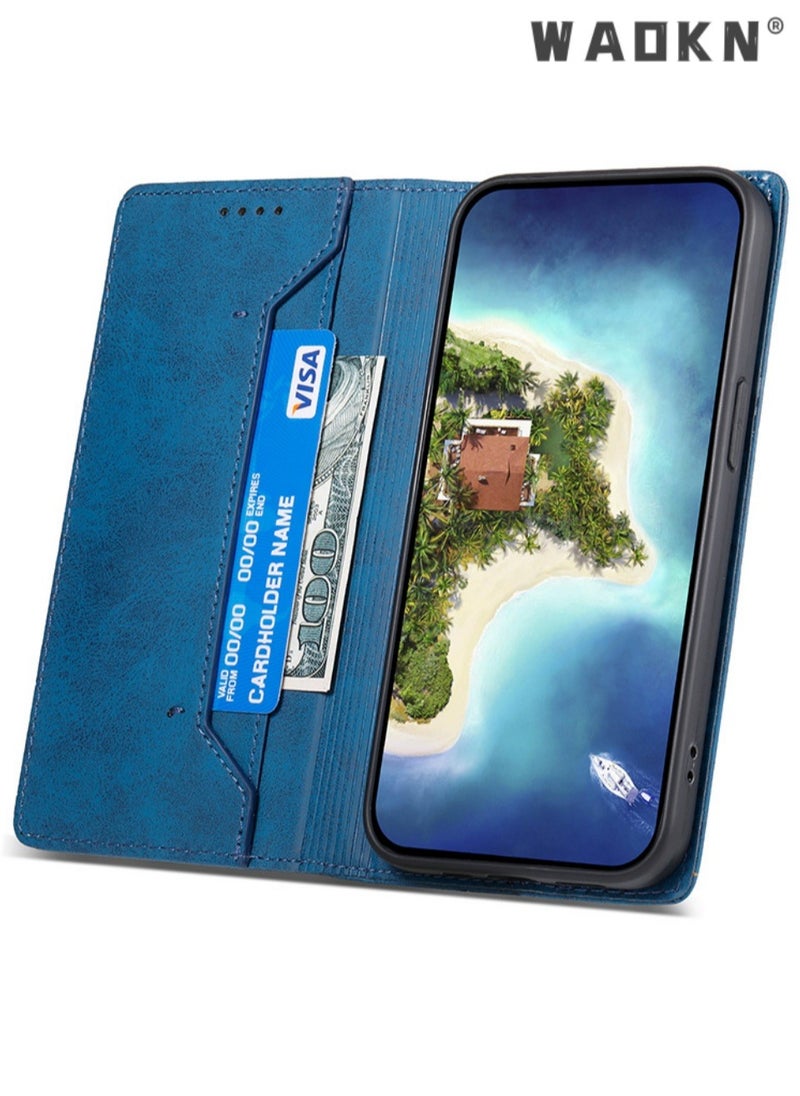 WAOKN - iPhone 15 Pro Max Flip Phone Case with Card Holder Wallet Case Unisex Slim Anti-drop Wear-Resistant PU Protective Case Foldable Back Cover Stand (Blue) - Image 1