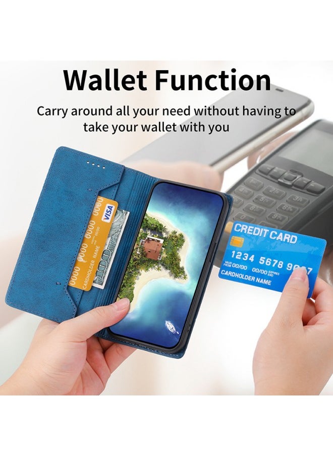 WAOKN - iPhone 15 Pro Max Flip Phone Case with Card Holder Wallet Case Unisex Slim Anti-drop Wear-Resistant PU Protective Case Foldable Back Cover Stand (Blue) - Image 1