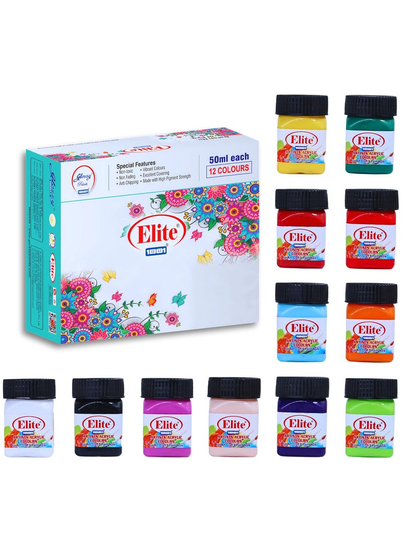 1001 1001 Elite Artists Acrylic Colors Set | 12 Shades X 50ml Each | MultiSurface | Art Craft & Paint Work | Multicolours (12, 50 Milliliters)  - Image 1