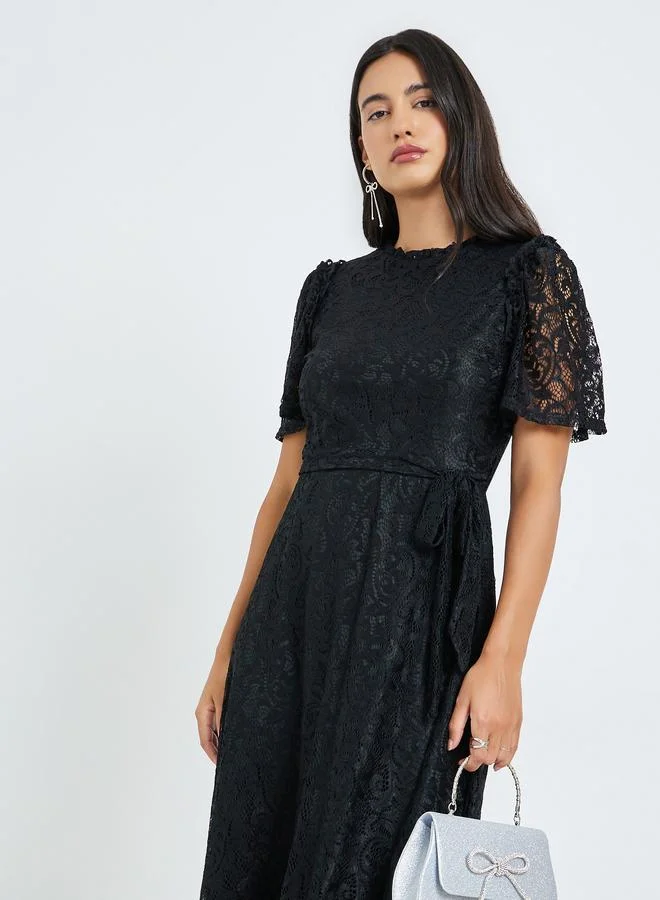 Styli Black Lace Short Sleeves A-Line Maxi Dress