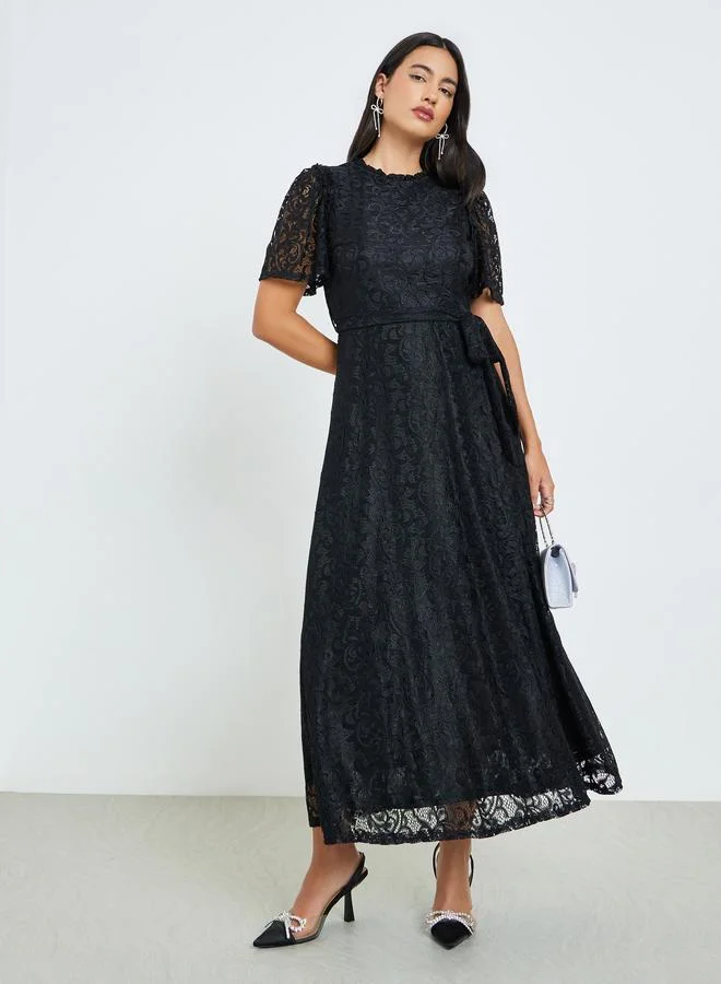 Styli Black Lace Short Sleeves A-Line Maxi Dress