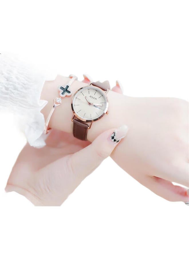Julius Women'S Fashion Student Casual Large Dial Calendar Week Quartz Ladies Watch Brown Ja-1381C - Image 1