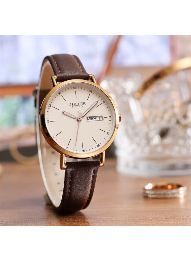 Julius Women's Fashion Student Casual Large Dial Calendar Week Quartz Ladies Watch Brown Ja-1381c - Image 1