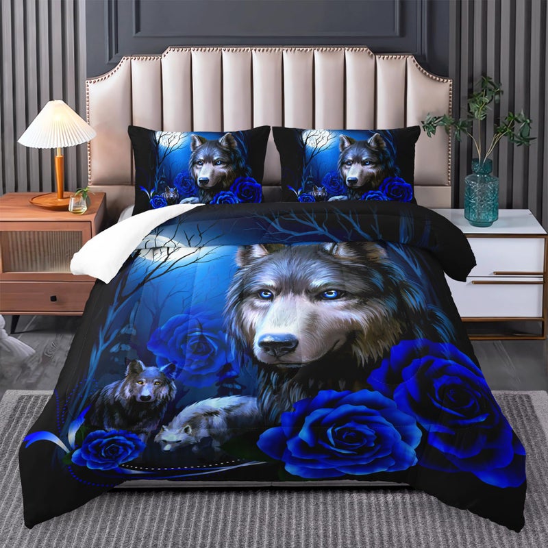 Tuzaovy Wolf Bedding King Size - Blue Rose Comforter Set - Image 1