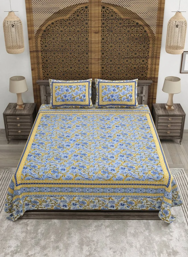 CLOTHOLOGY CLOTHOLOGY Yellow & Blue Printed Pure Cotton 180 TC King Bedsheet Set