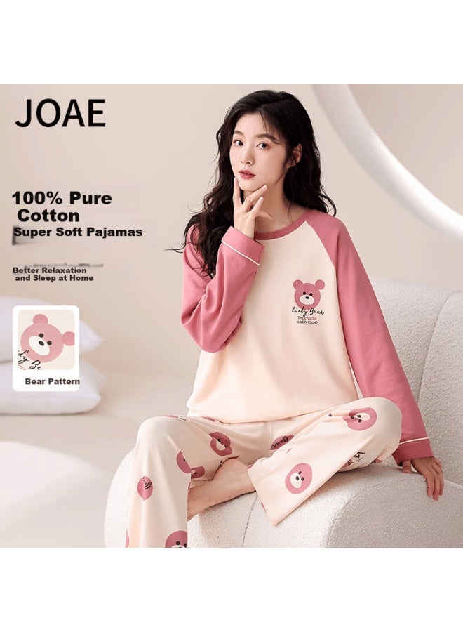 Joae 100% Cotton Women's Long Sleeve Pullover Patchwork Cute Pajama Set Pink 2XL - Image 1