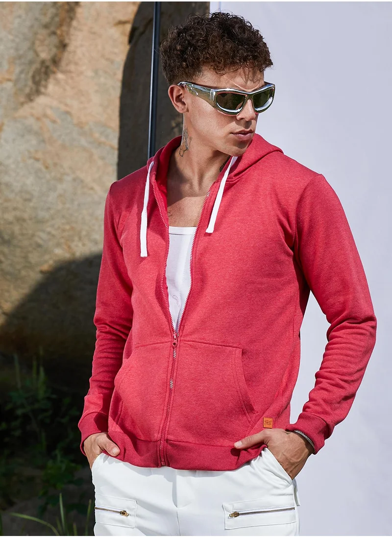 Campus Sutra Men's Red Zip-Front Hoodie With Contrast Drawstring