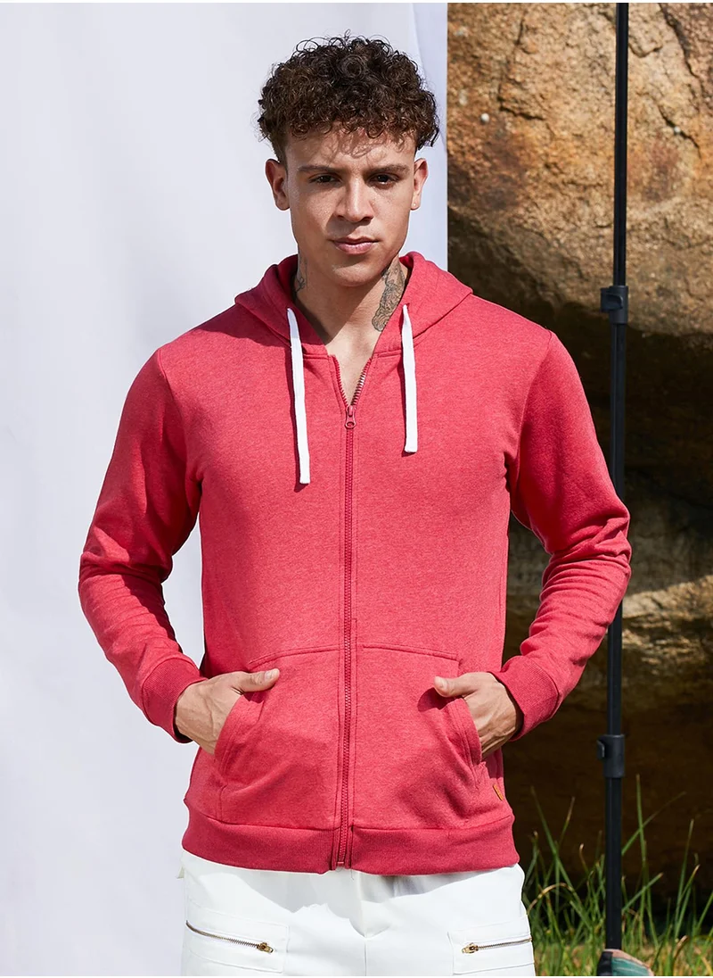 Campus Sutra Men's Red Zip-Front Hoodie With Contrast Drawstring